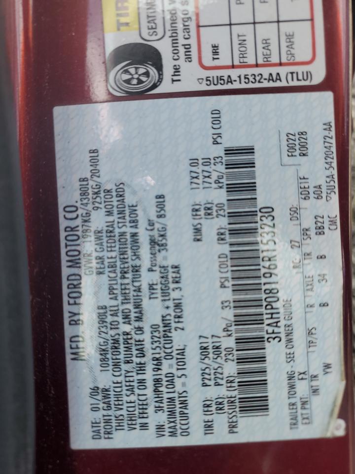 2006 Ford Fusion Sel VIN: 3FAHP08196R153230 Lot: 85157065