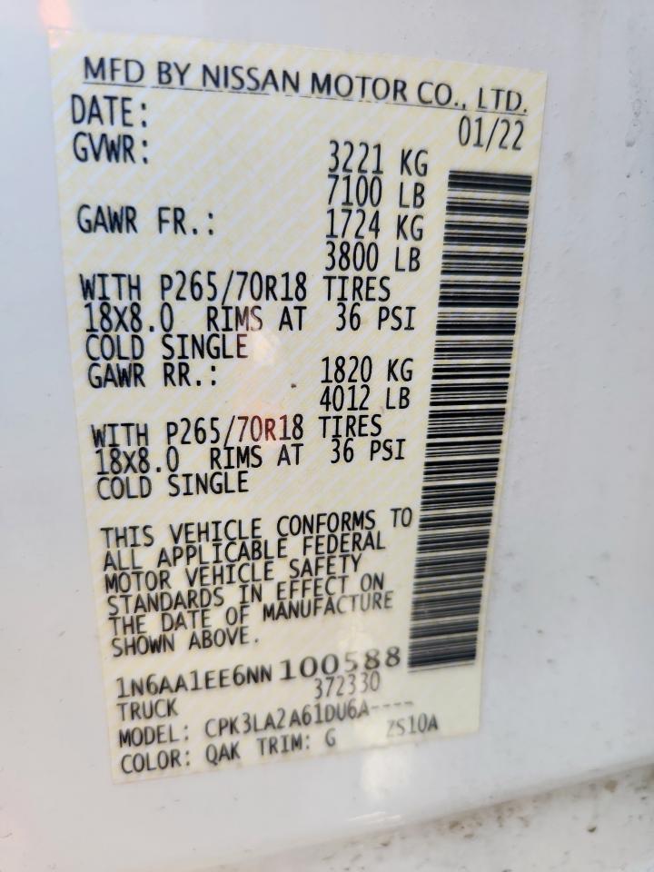 2022 Nissan Titan S VIN: 1N6AA1EE6NN100588 Lot: 85831235