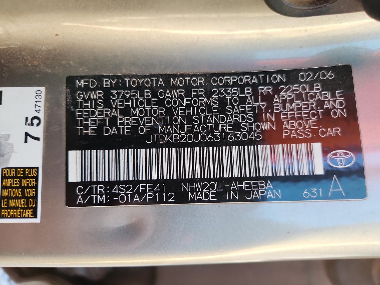 2006 Toyota Prius VIN: JTDKB20U063163045 Lot: 85173605