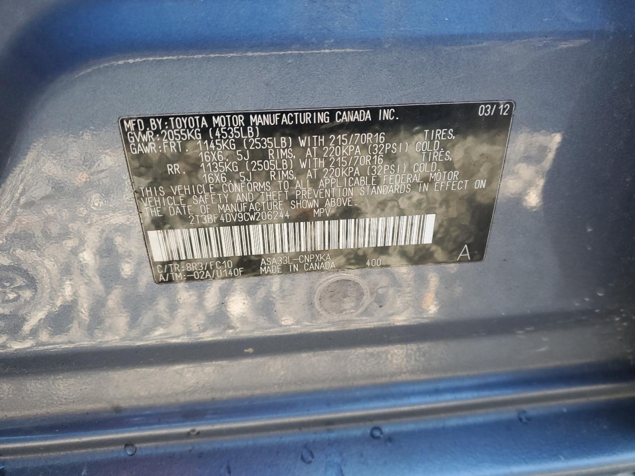 2012 Toyota Rav4 VIN: 2T3BF4DV9CW206244 Lot: 85557715