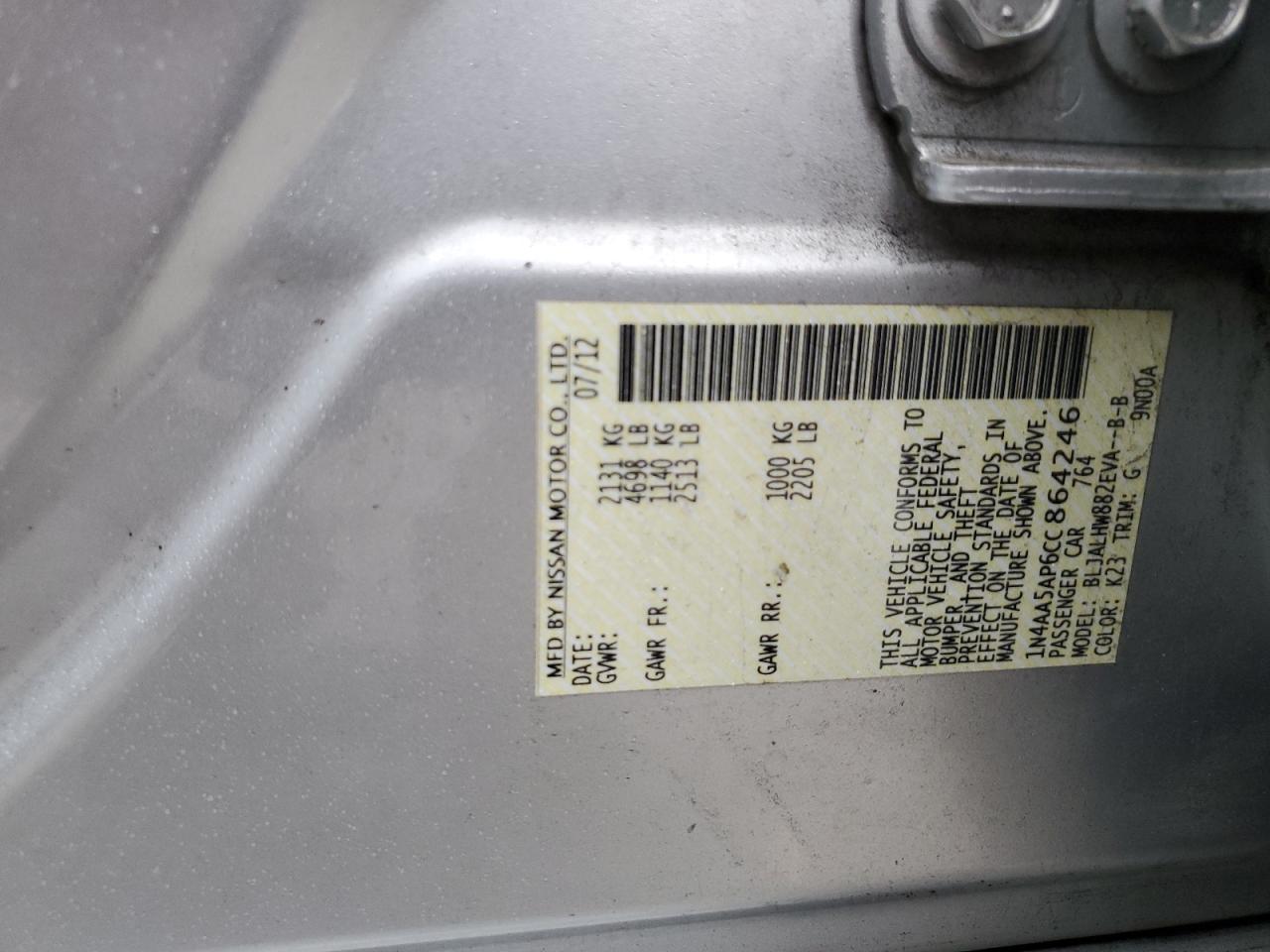 2012 Nissan Maxima S VIN: 1N4AA5AP6CC864246 Lot: 82347215