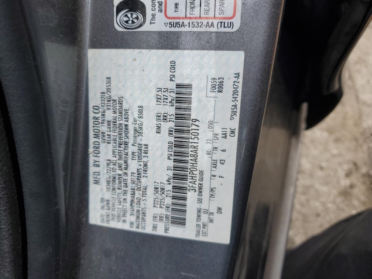 2010 Ford Fusion Se VIN: 3FAHP0HA8AR150179 Lot: 86421405