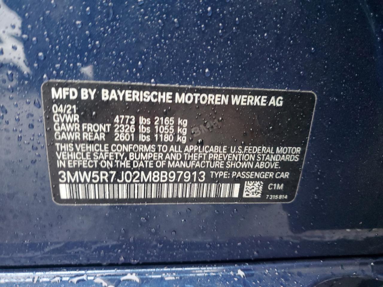 2021 BMW 330Xi VIN: 3MW5R7J02M8B97913 Lot: 90511505