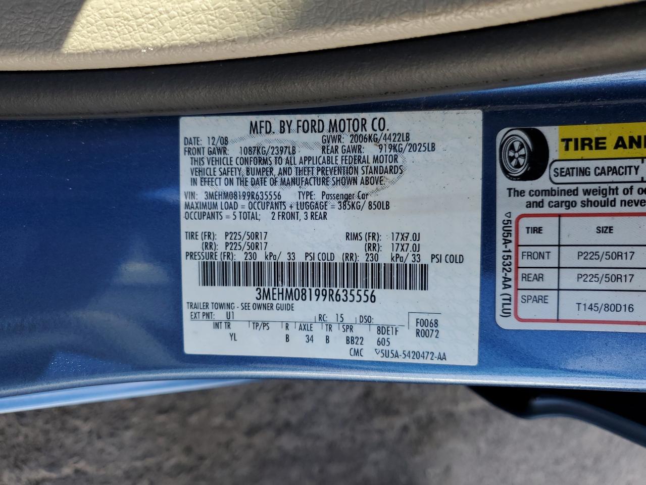 2009 Mercury Milan Premier VIN: 3MEHM08199R635556 Lot: 90220255