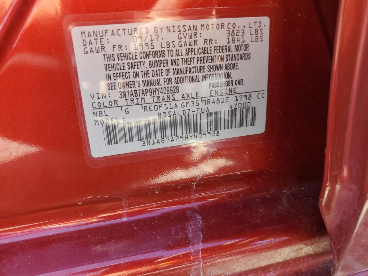 2017 Nissan Sentra S VIN: 3N1AB7AP9HY409928 Lot: 82399805