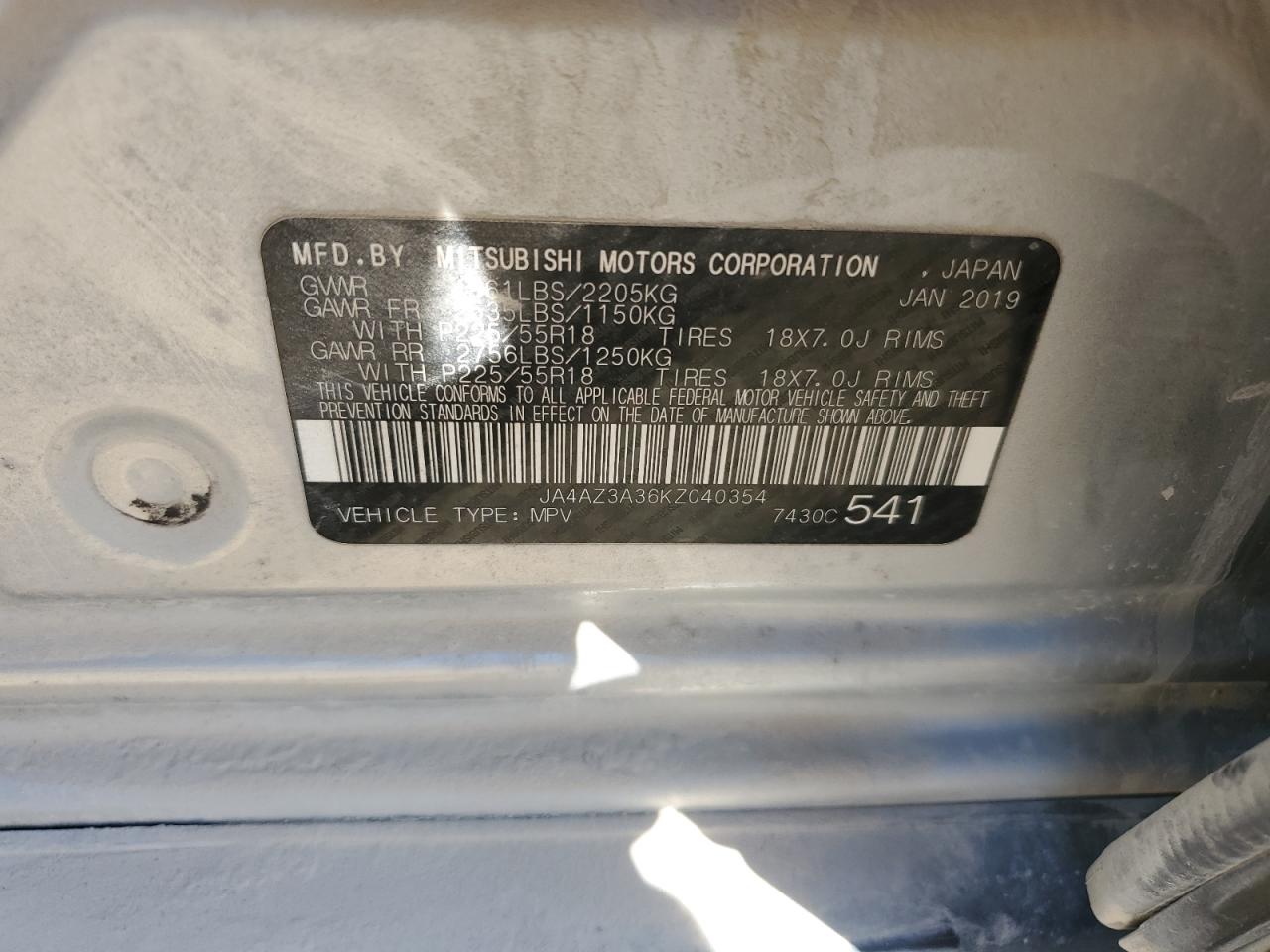2019 Mitsubishi Outlander Se VIN: JA4AZ3A36KZ040354 Lot: 85950195