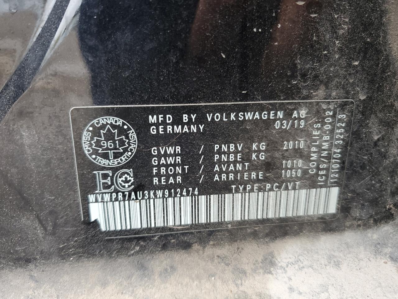 2019 Volkswagen E-Golf Sel Premium VIN: WVWPR7AU3KW912474 Lot: 84767805