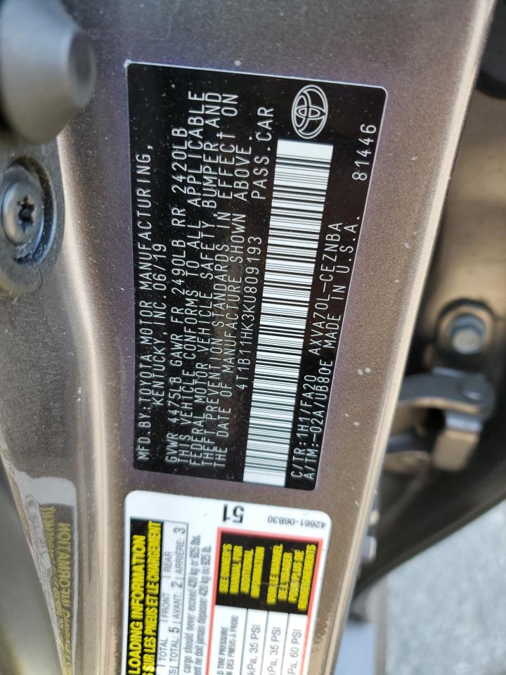 2019 Toyota Camry L VIN: 4T1B11HK3KU809193 Lot: 84934035