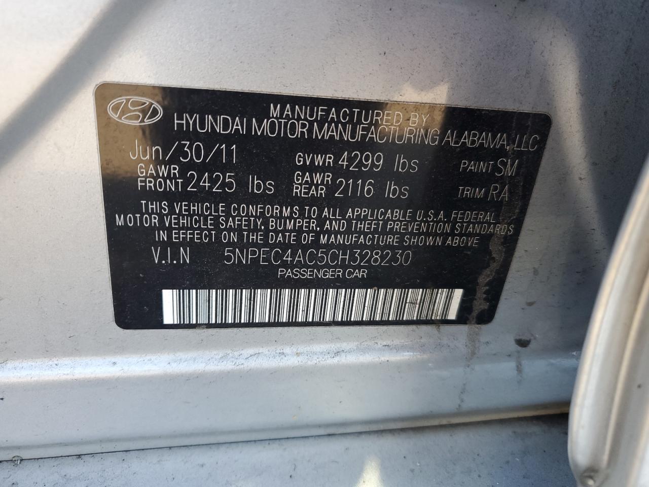 2012 Hyundai Sonata Se VIN: 5NPEC4AC5CH328230 Lot: 82292555