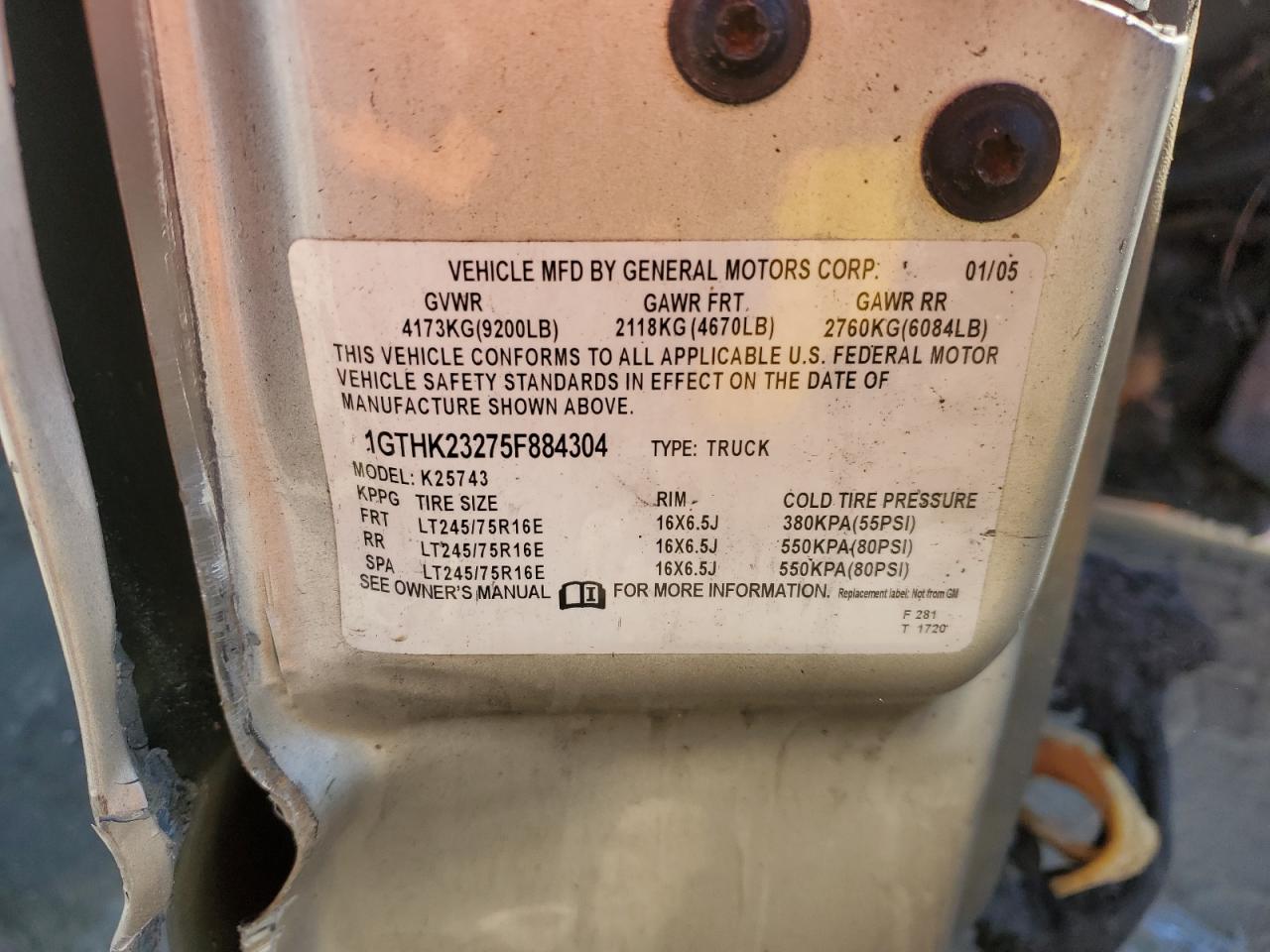 2005 GMC Sierra K2500 Heavy Duty VIN: 1GTHK23275F884304 Lot: 87400595