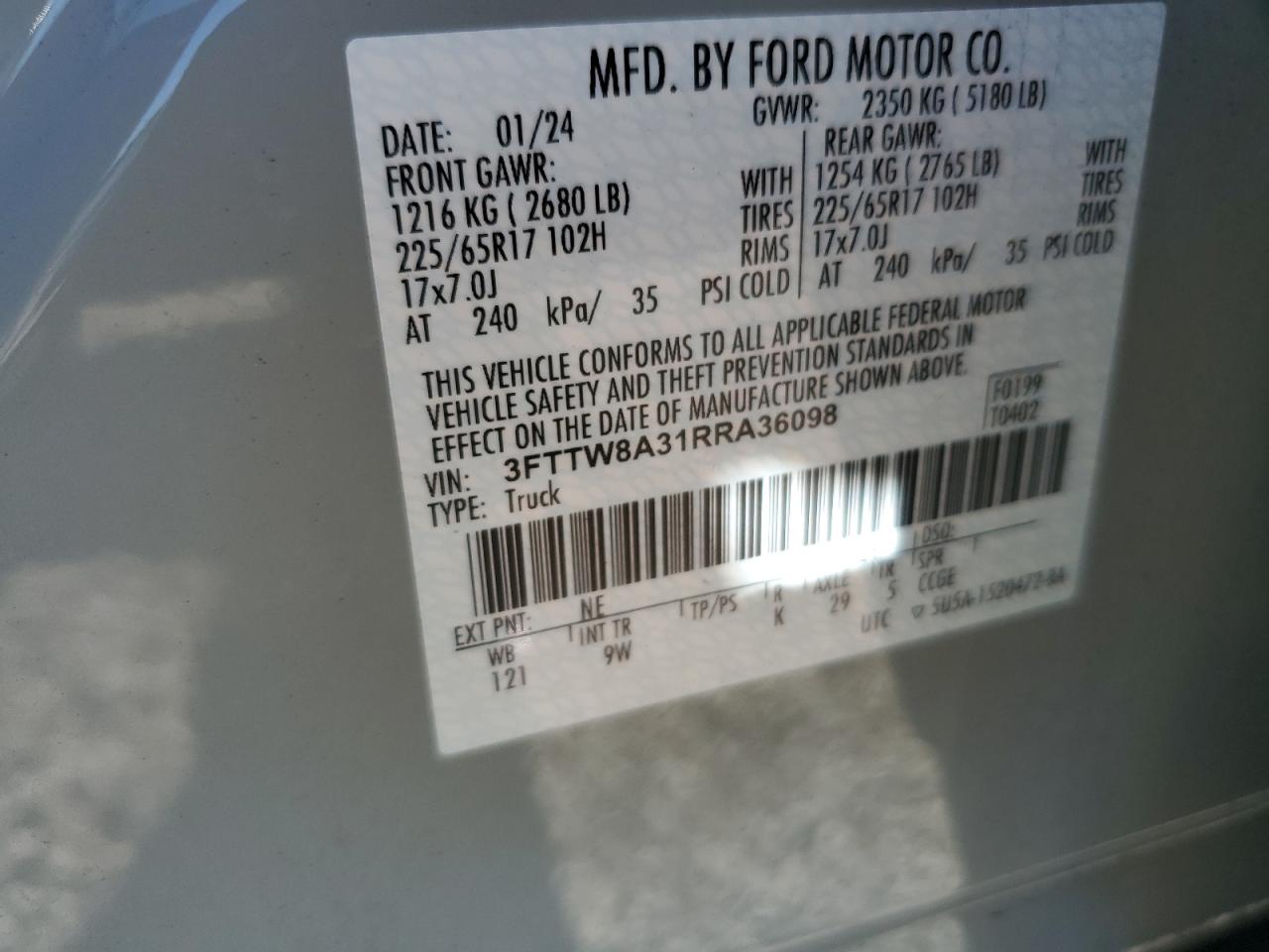 2024 Ford Maverick Xl VIN: 3FTTW8A31RRA36098 Lot: 89723645