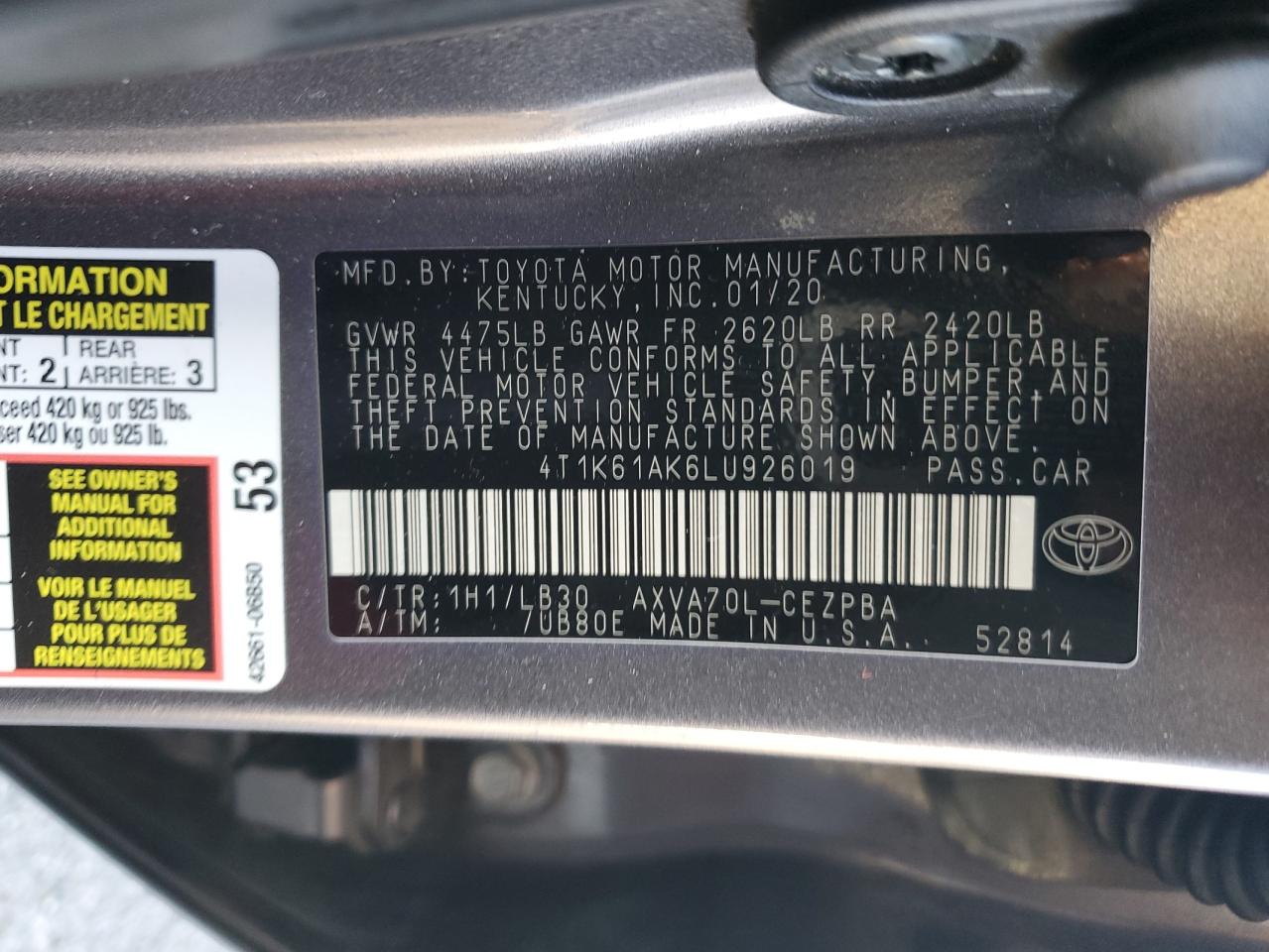 2020 Toyota Camry VIN: 4T1K61AK6LU926019 Lot: 81892125