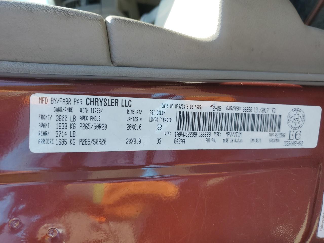 2008 Chrysler Aspen Limited VIN: 1A8HW58208F138689 Lot: 85763405