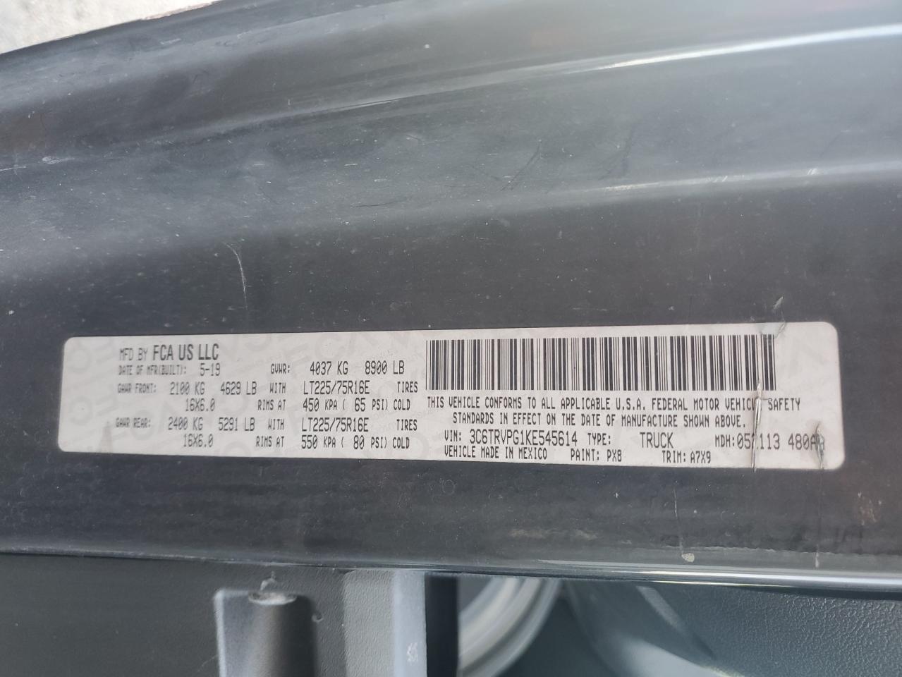 2019 Ram Promaster 2500 2500 High VIN: 3C6TRVPG1KE545614 Lot: 85353885