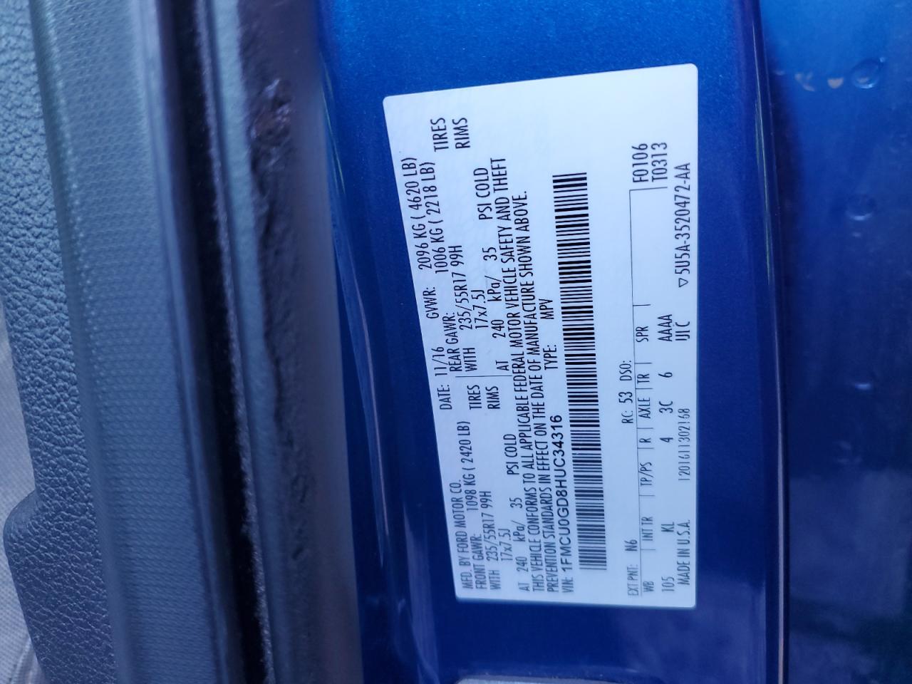 2017 Ford Escape Se VIN: 1FMCU0GD8HUC34316 Lot: 82768235