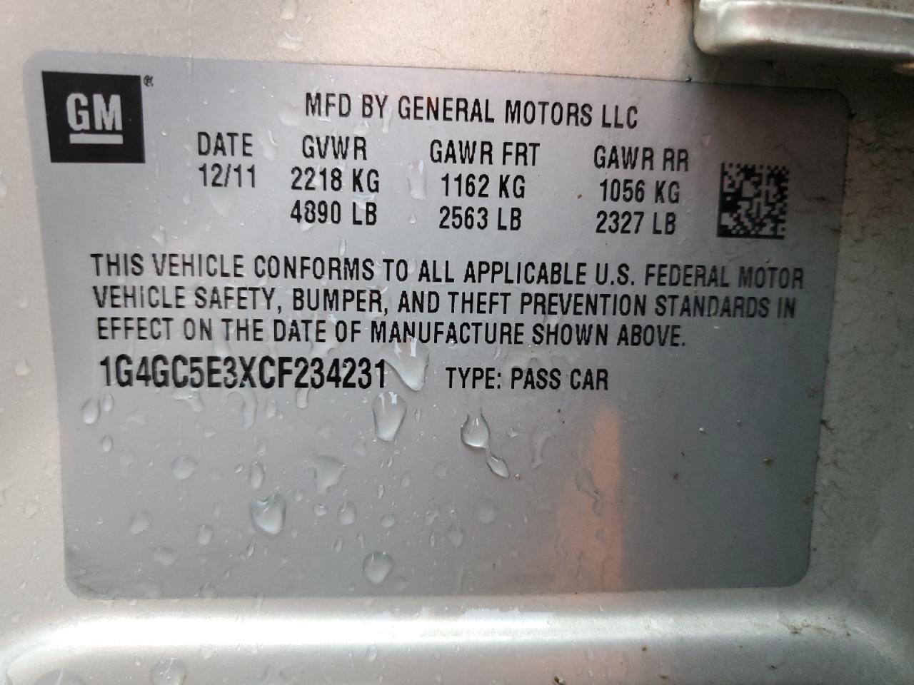 2012 Buick Lacrosse VIN: 1G4GC5E3XCF234231 Lot: 85577135