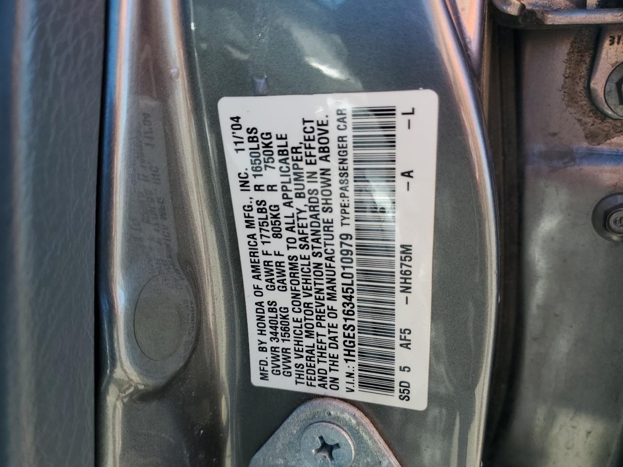 2005 Honda Civic Dx Vp VIN: 1HGES16345L010979 Lot: 82265655