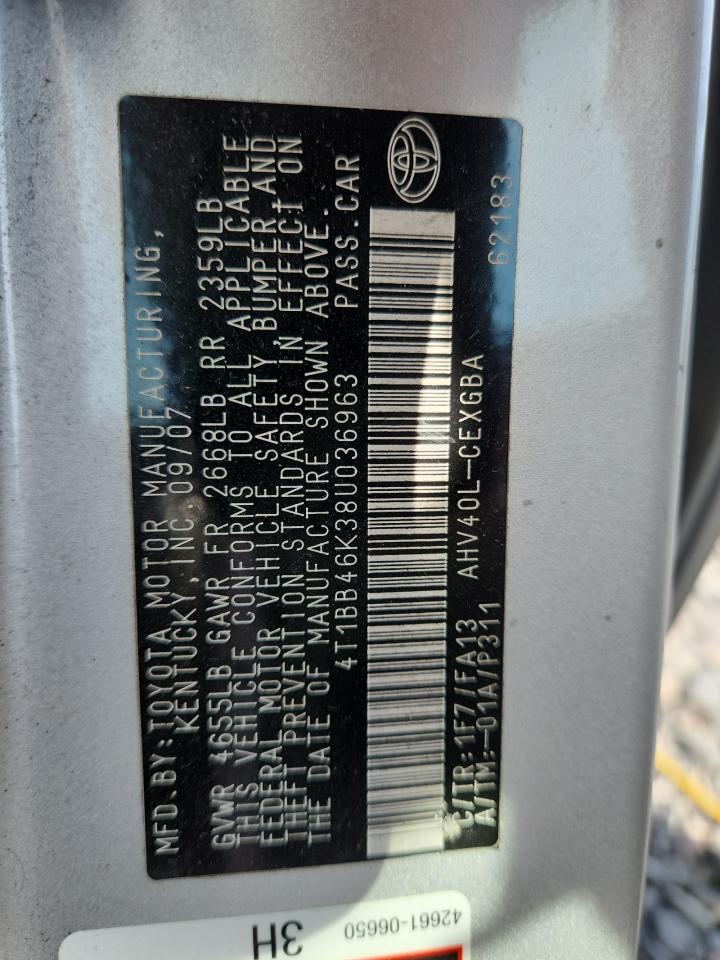 2008 Toyota Camry Hybrid VIN: 4T1BB46K38U036963 Lot: 85115925