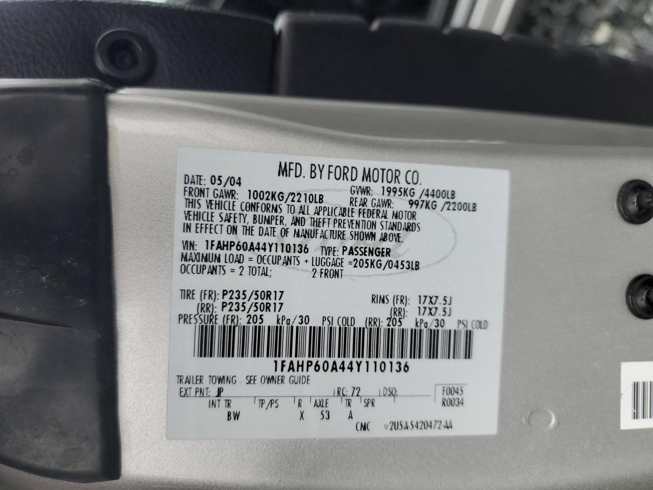 2004 Ford Thunderbird VIN: 1FAHP60A44Y110136 Lot: 82710475