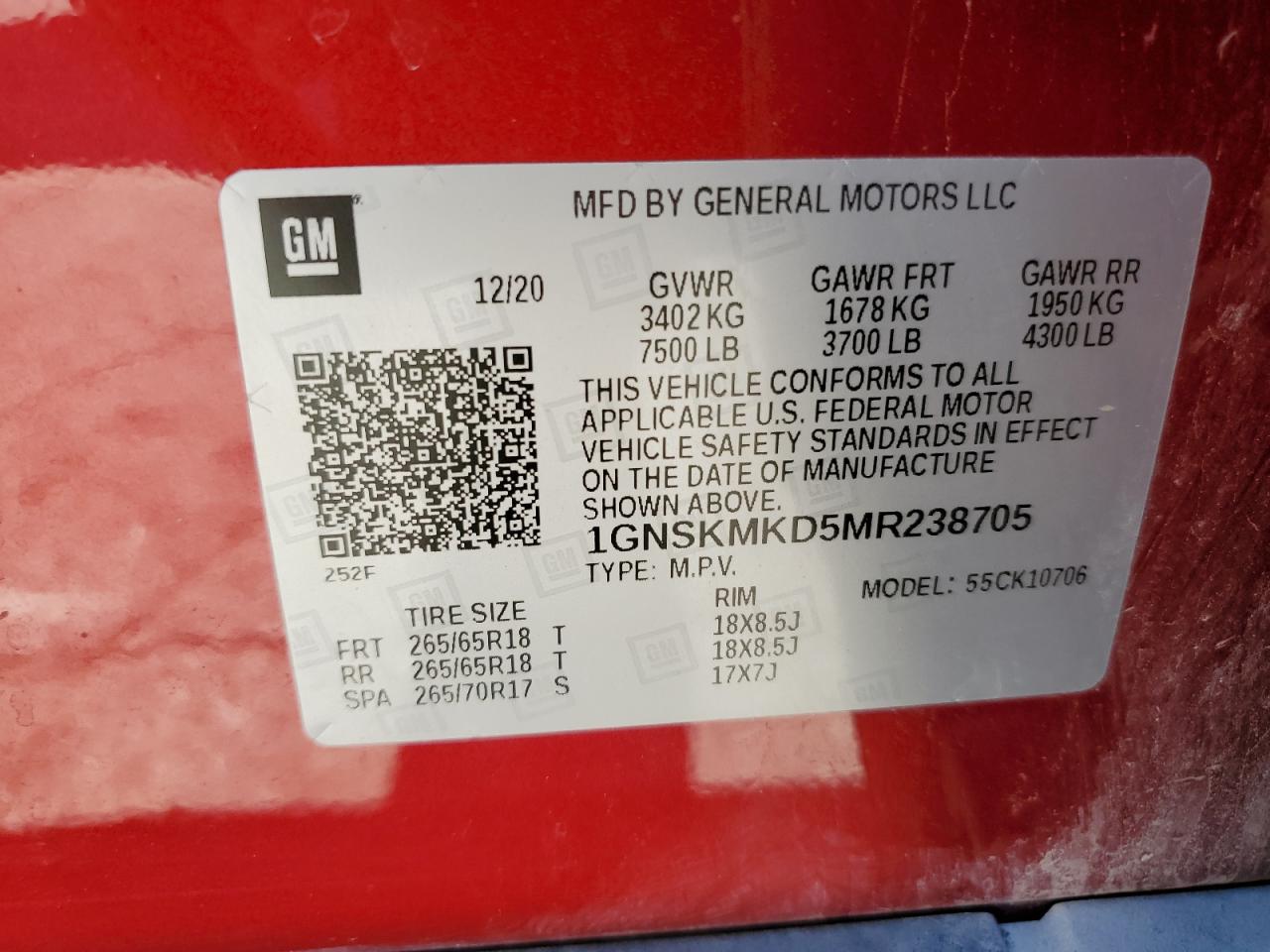 2021 Chevrolet Tahoe K1500 Ls VIN: 1GNSKMKD5MR238705 Lot: 86068465