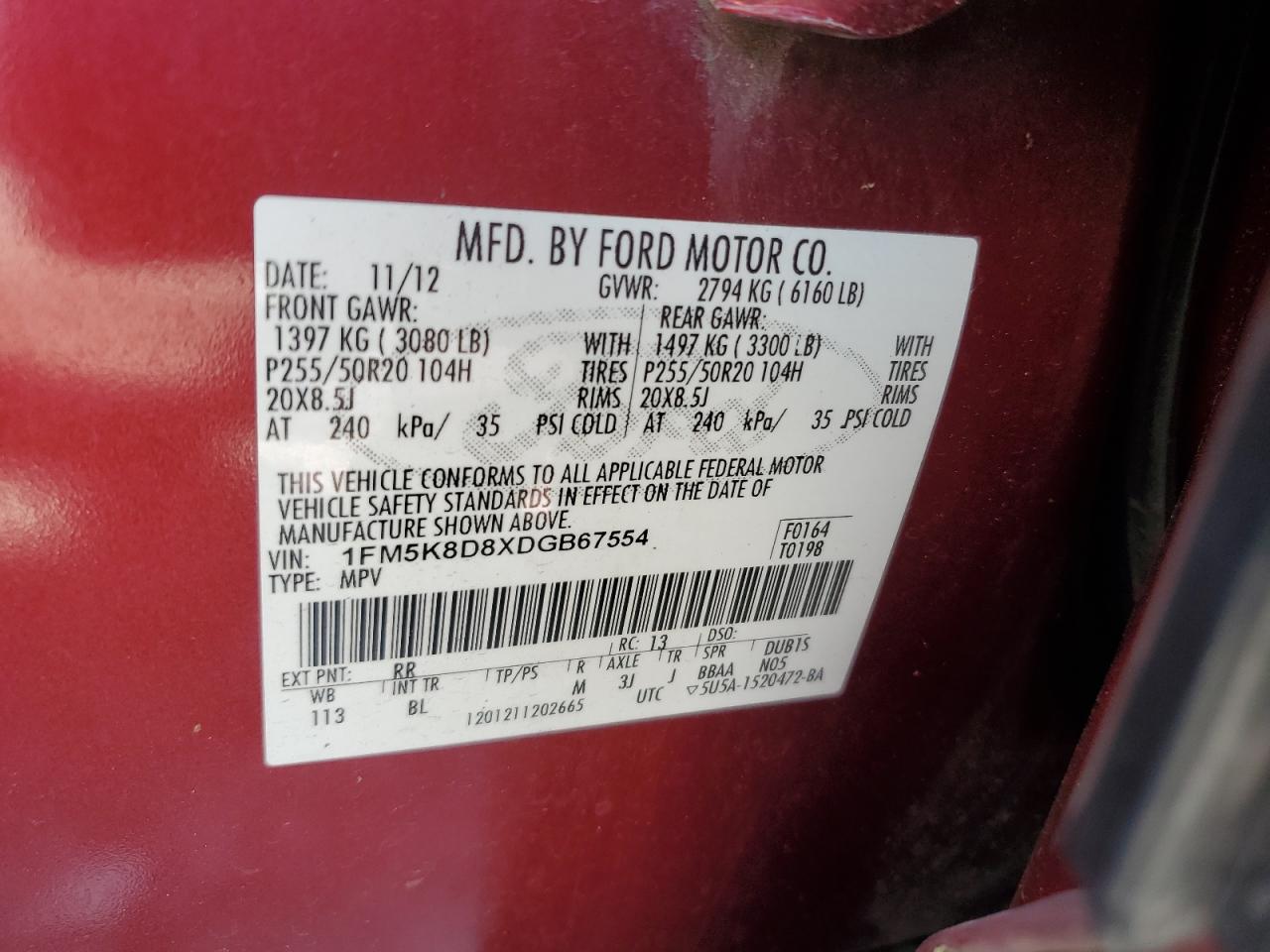2013 Ford Explorer Xlt VIN: 1FM5K8D8XDGB67554 Lot: 82371255