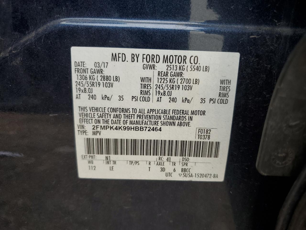 2017 Ford Edge Titanium VIN: 2FMPK4K99HBB72464 Lot: 82658285