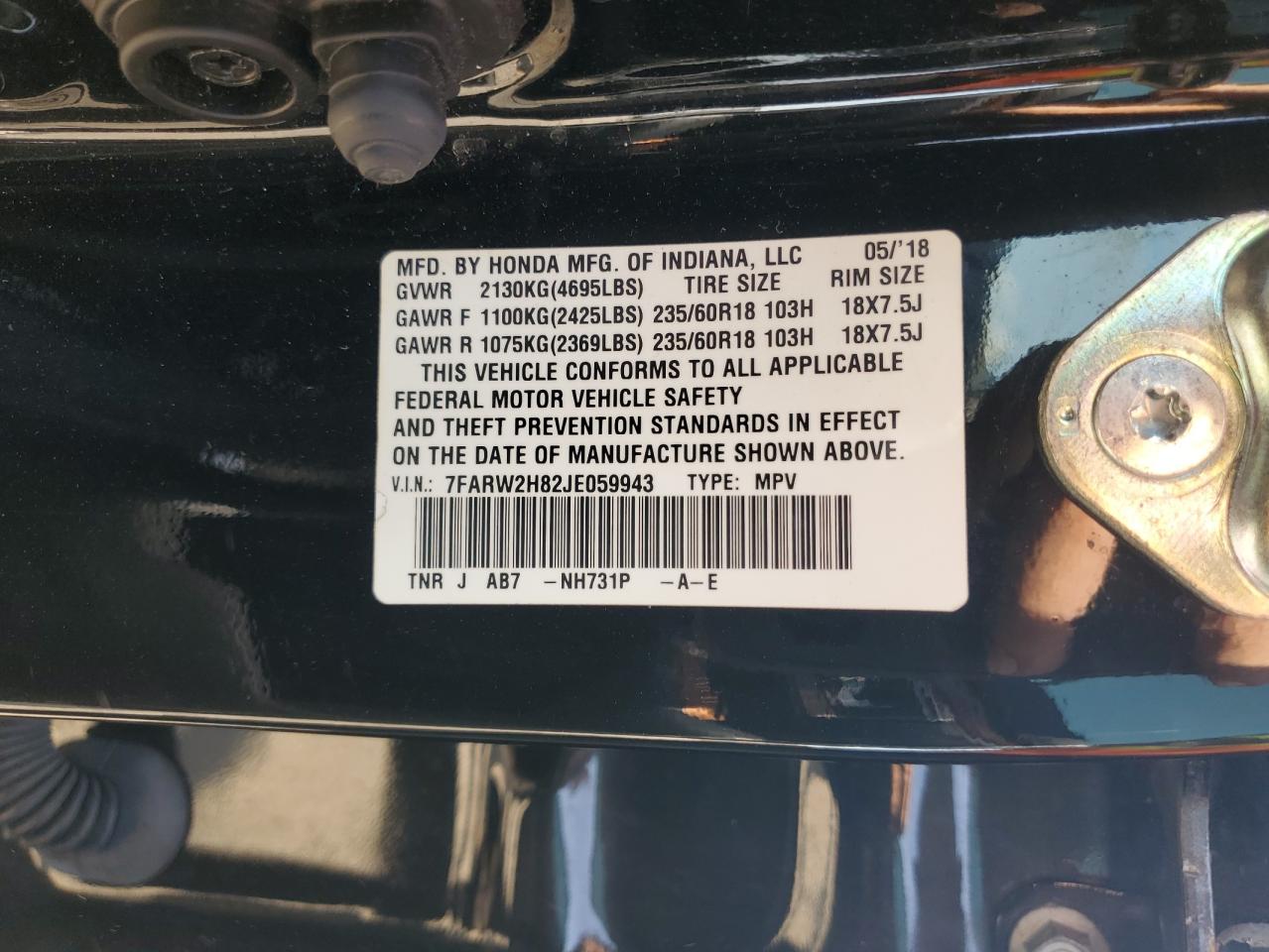 2018 Honda Cr-V Exl VIN: 7FARW2H82JE059943 Lot: 82181505