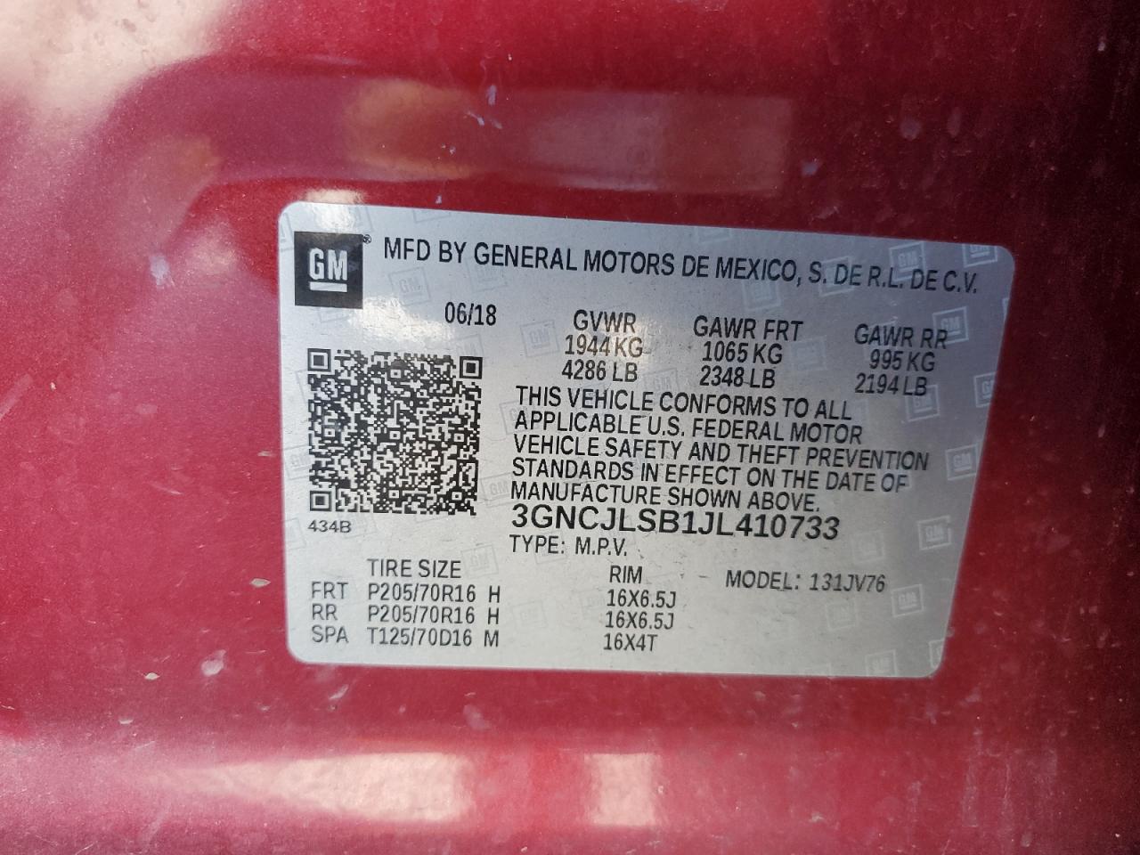 2018 Chevrolet Trax 1Lt VIN: 3GNCJLSB1JL410733 Lot: 89525985