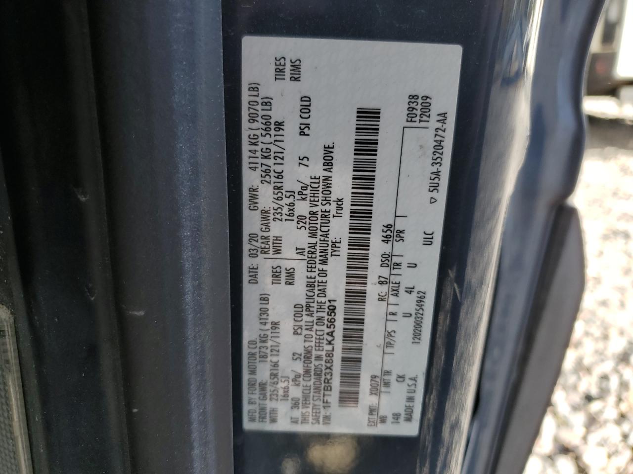 2020 Ford Transit T-250 VIN: 1FTBR3X88LKA56501 Lot: 87103515