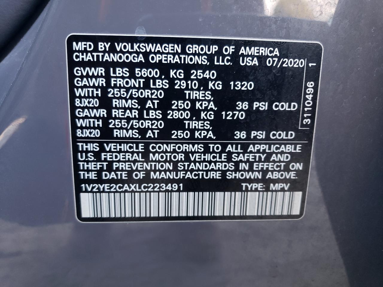 2020 Volkswagen Atlas Cross Sport Se VIN: 1V2YE2CAXLC223491 Lot: 87376155