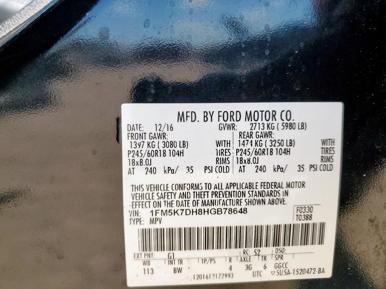 2017 Ford Explorer Xlt VIN: 1FM5K7DH8HGB78648 Lot: 86177555