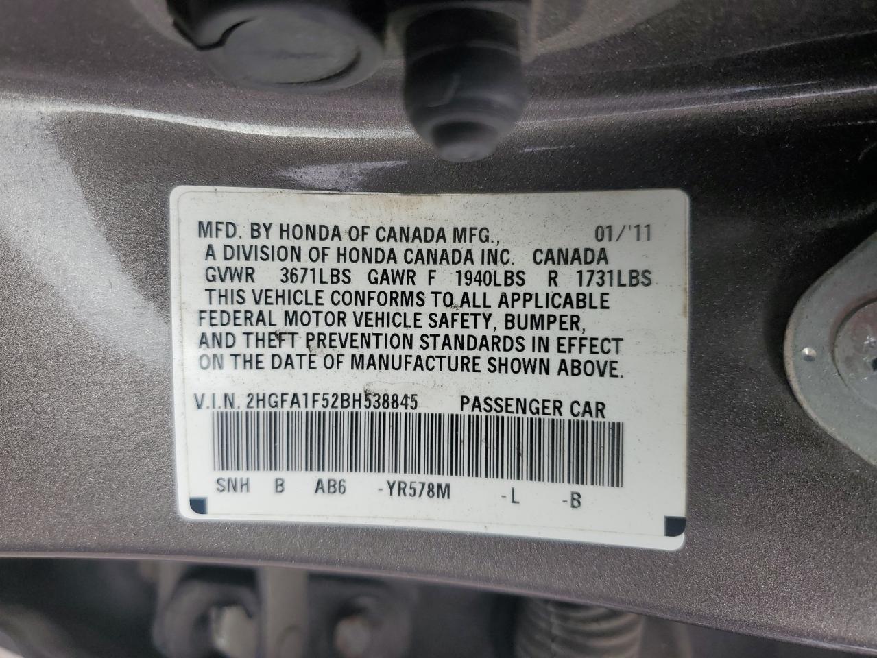 2011 Honda Civic Lx VIN: 2HGFA1F52BH538845 Lot: 85783155