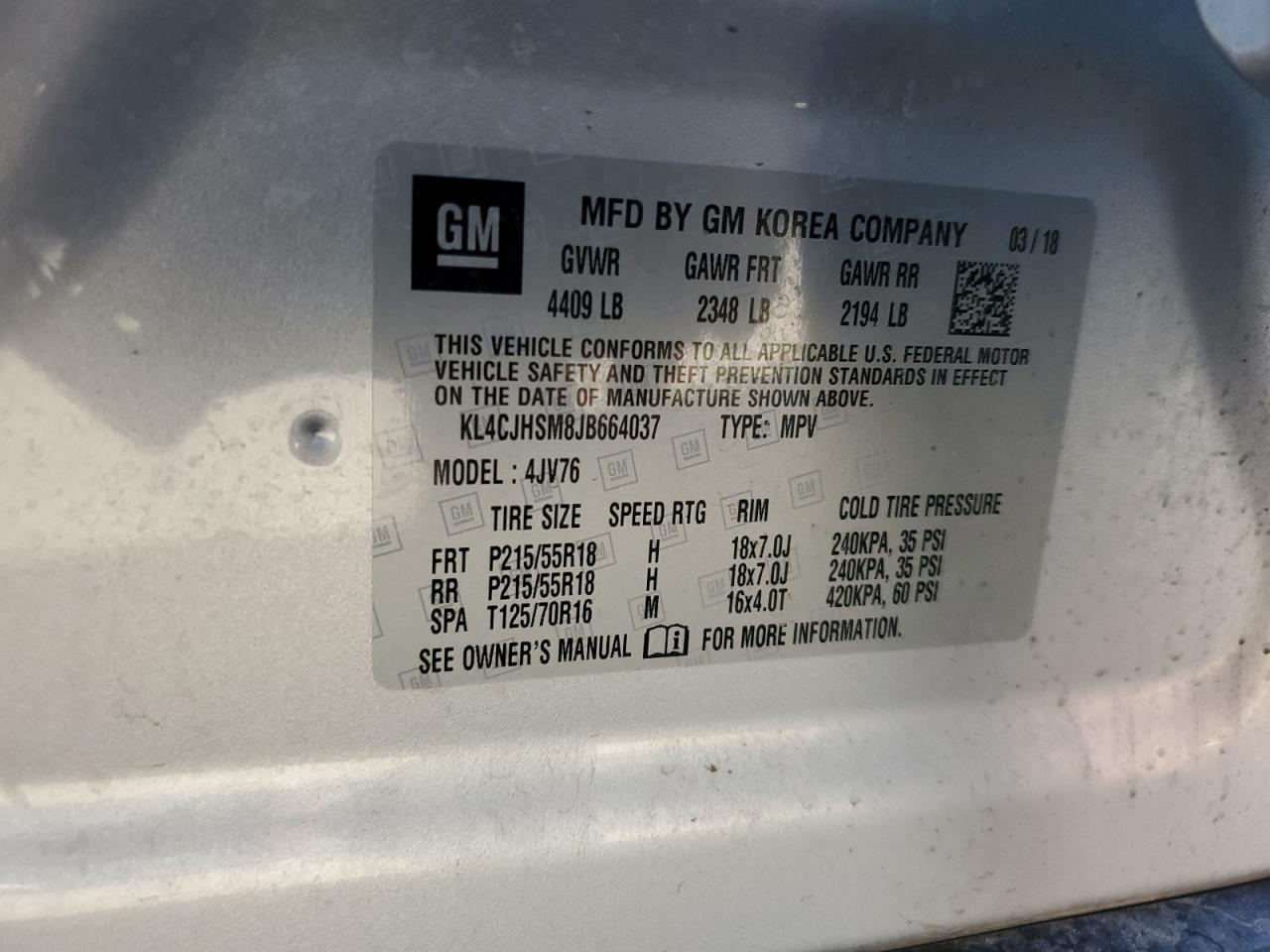 2018 Buick Encore Premium VIN: KL4CJHSM8JB664037 Lot: 85339815