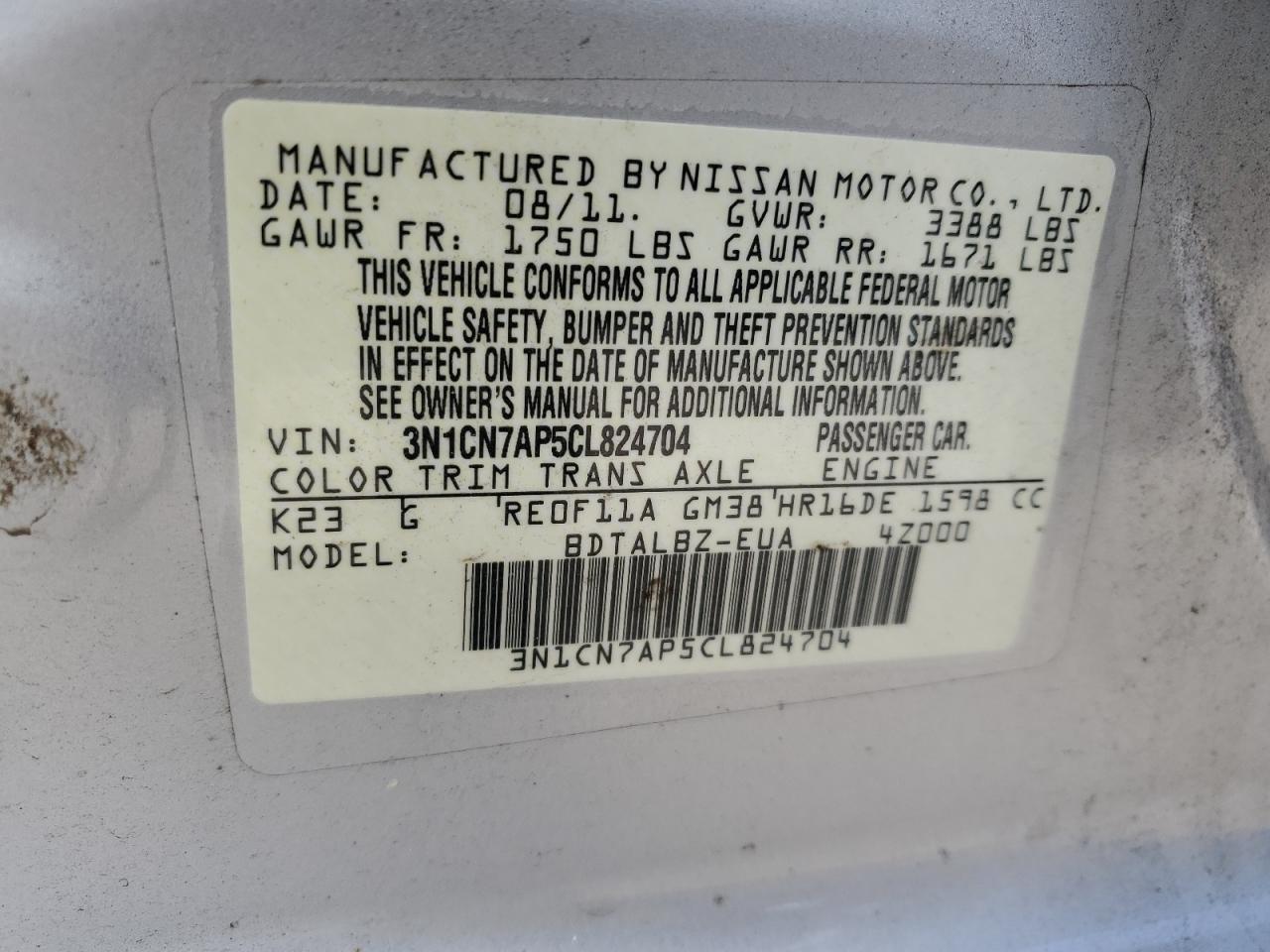 2012 Nissan Versa S VIN: 3N1CN7AP5CL824704 Lot: 85350925