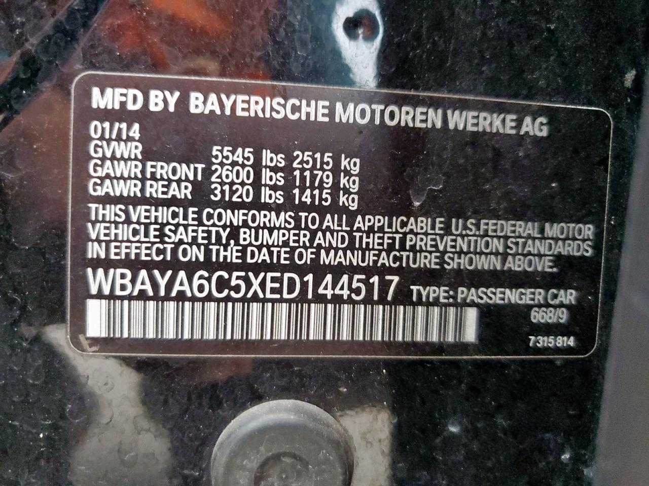 2014 BMW 740 I VIN: WBAYA6C5XED144517 Lot: 90255015