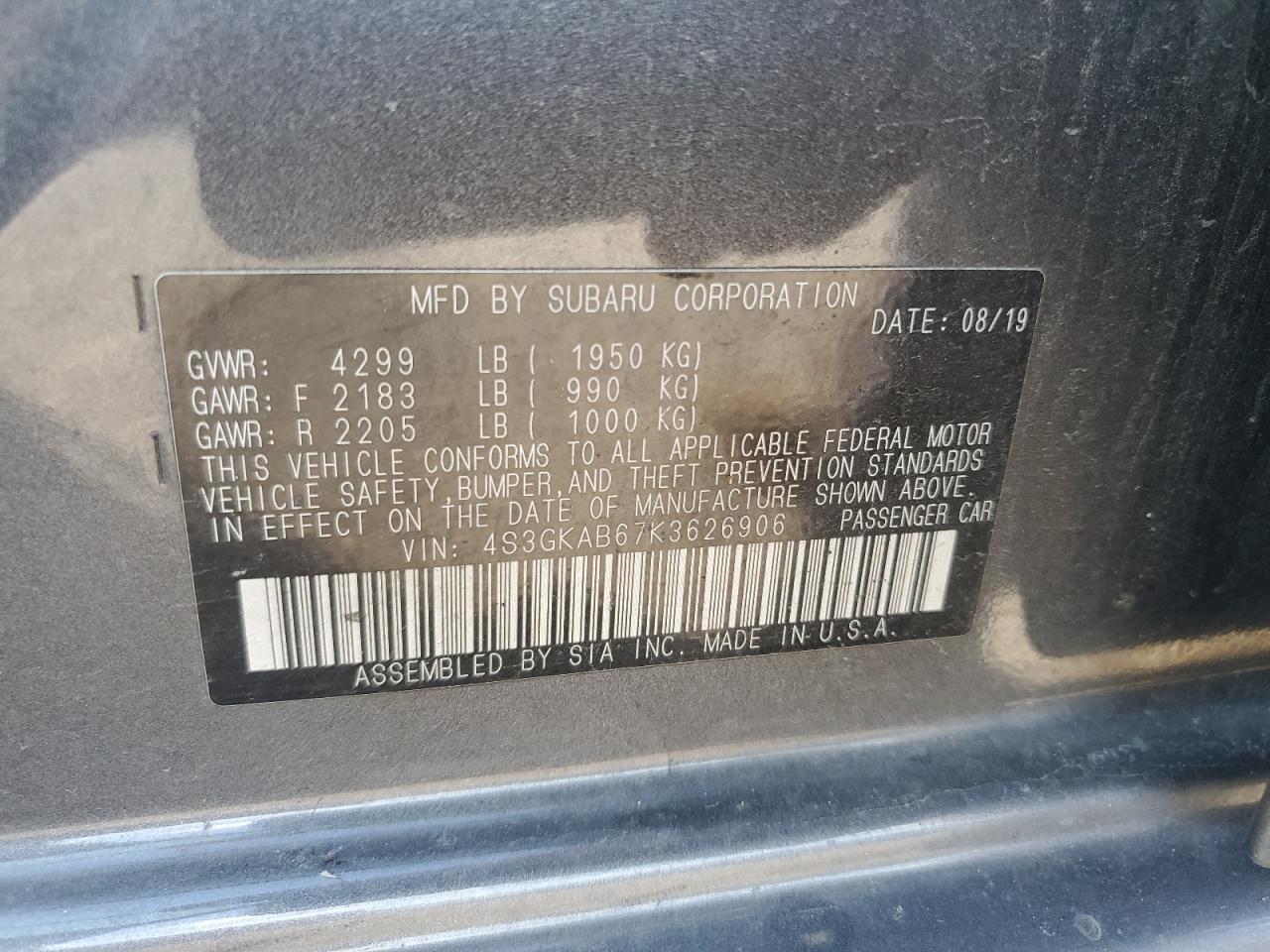 2019 Subaru Impreza VIN: 4S3GKAB67K3626906 Lot: 85657635