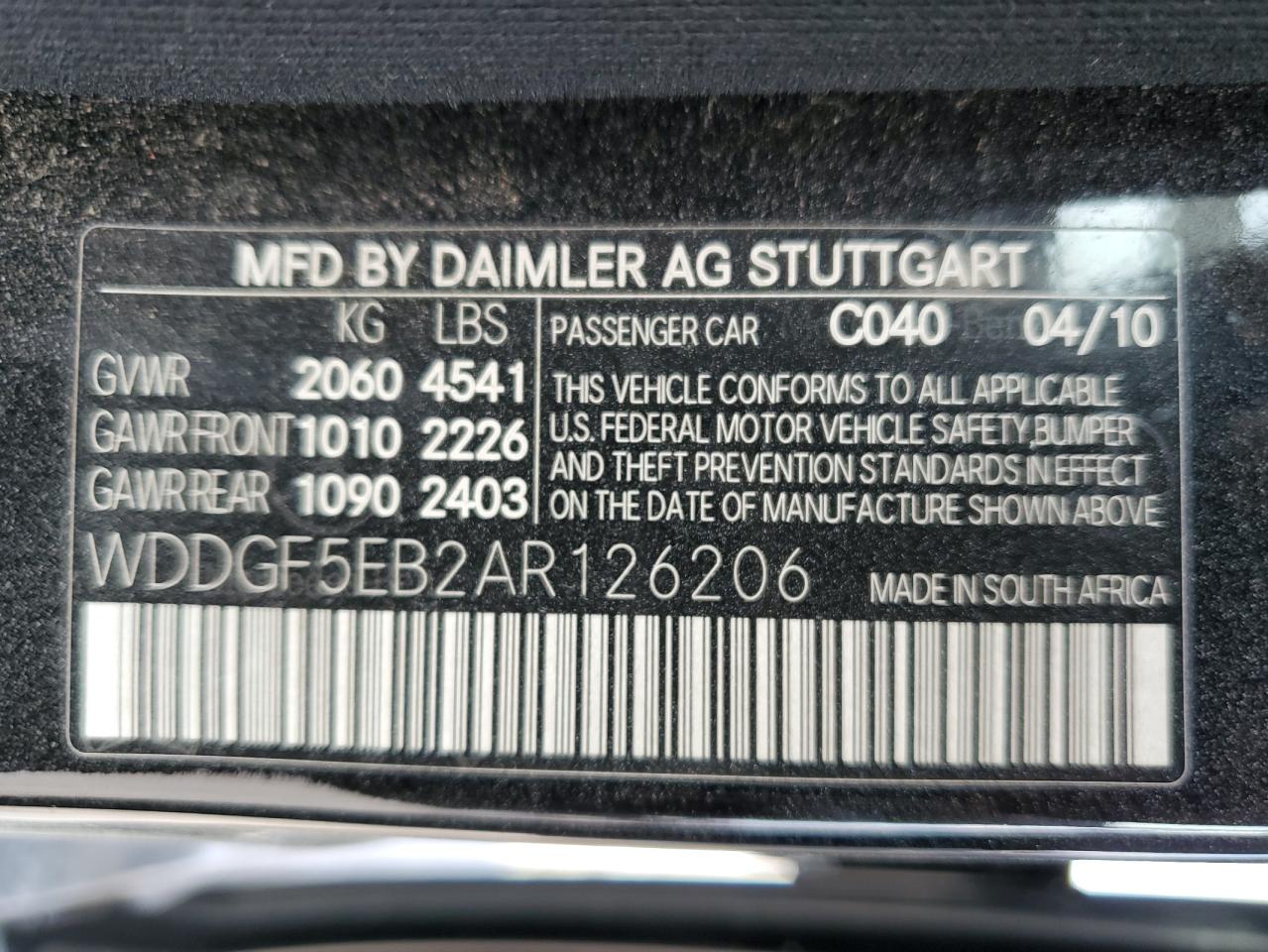 2010 Mercedes-Benz C 300 VIN: WDDGF5EB2AR126206 Lot: 89801235