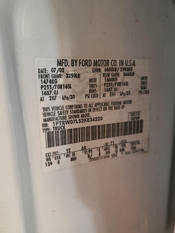 2002 Ford F150 Supercrew VIN: 1FTRW07L52KE34220 Lot: 89676925