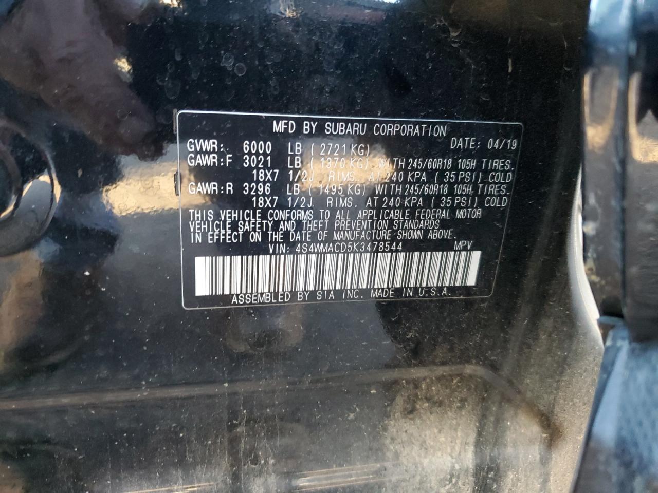 2019 Subaru Ascent Premium VIN: 4S4WMACD5K3478544 Lot: 85958565