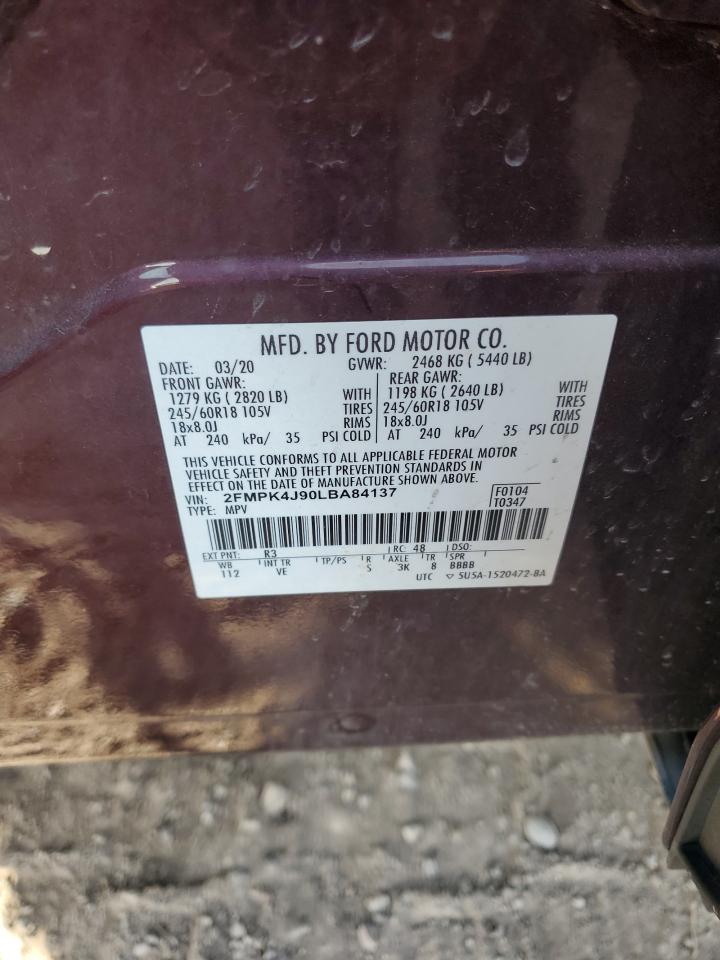 2020 Ford Edge Sel VIN: 2FMPK4J90LBA84137 Lot: 85841235