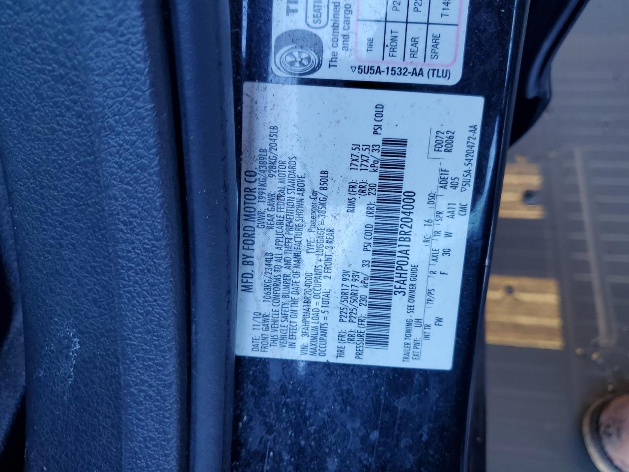 2011 Ford Fusion Sel VIN: 3FAHP0JA1BR204000 Lot: 84054915