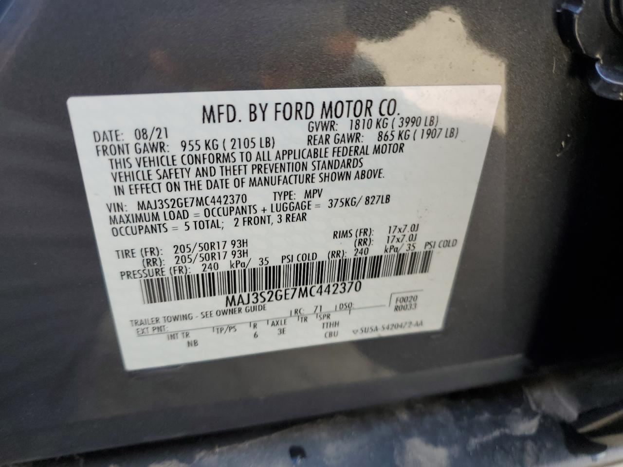 2021 Ford Ecosport Se VIN: MAJ3S2GE7MC442370 Lot: 89857395