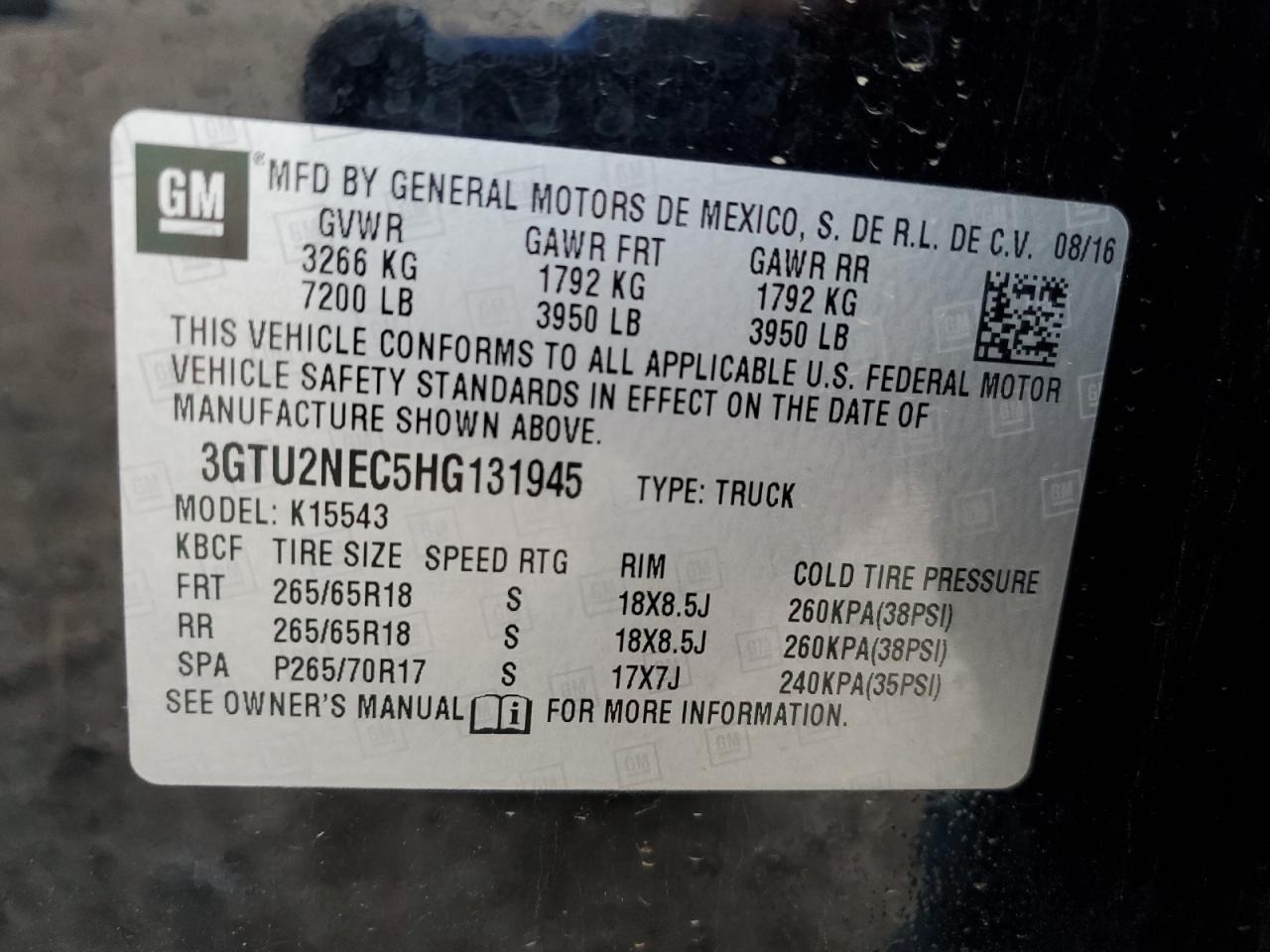 2017 GMC Sierra K1500 Slt VIN: 3GTU2NEC5HG131945 Lot: 85953775