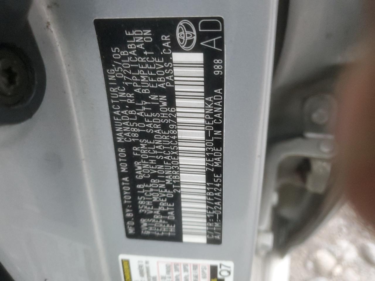 2005 Toyota Corolla Ce VIN: 2T1BR30EX5C489726 Lot: 85645955