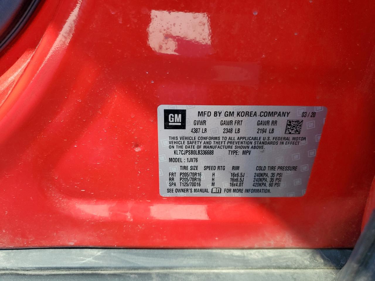 2020 Chevrolet Trax 1Lt VIN: KL7CJPSB0LB336688 Lot: 84468655