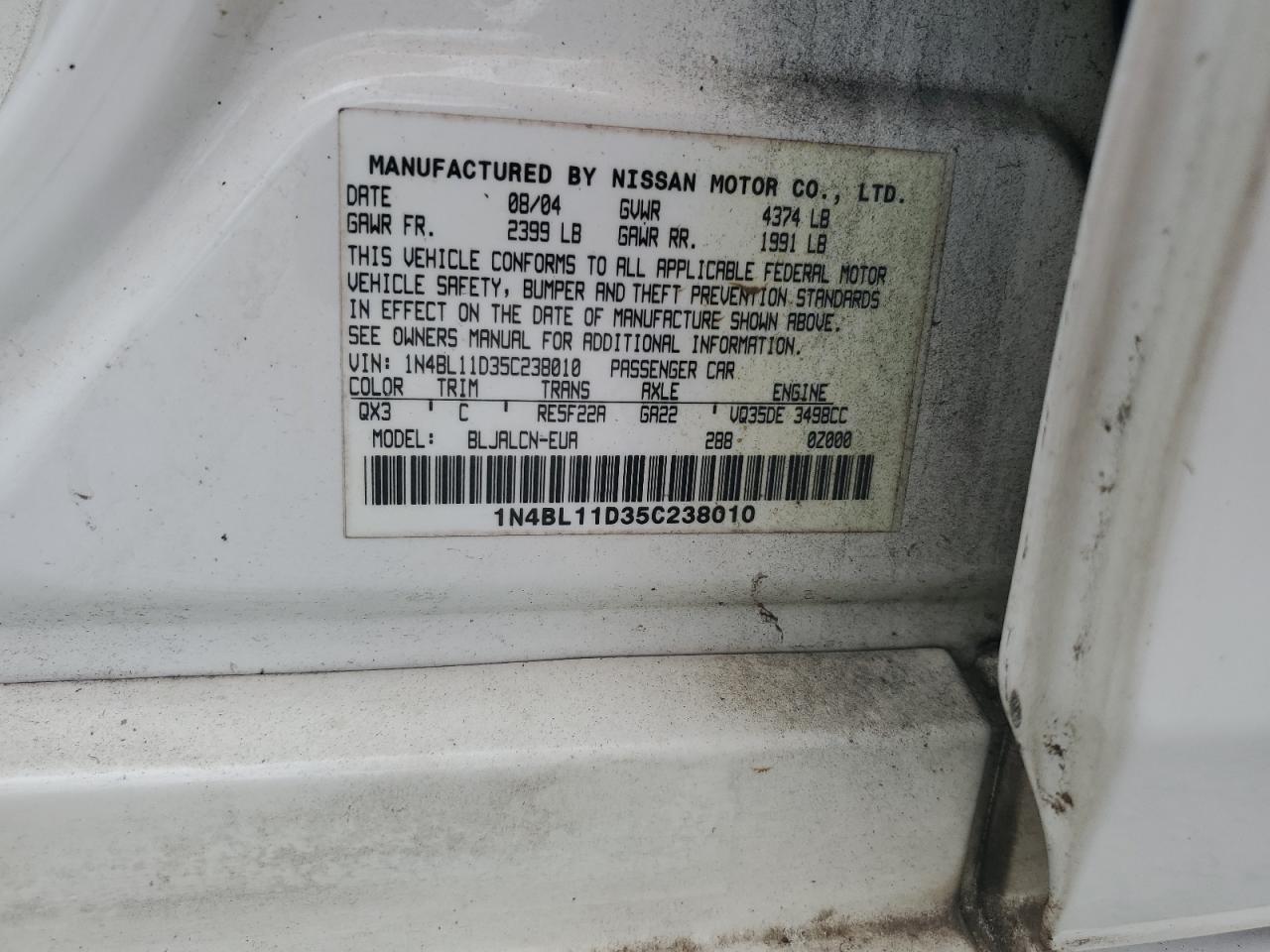 2005 Nissan Altima Se VIN: 1N4BL11D35C238010 Lot: 81939995