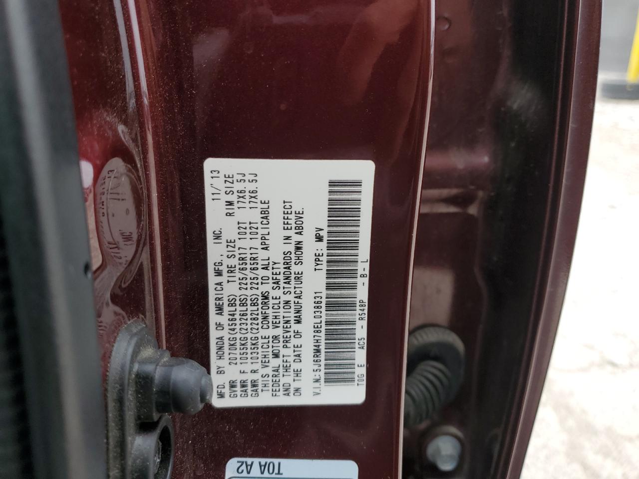 2014 Honda Cr-V Exl VIN: 5J6RM4H78EL038631 Lot: 82698775