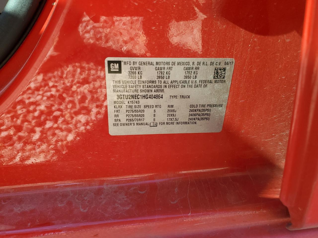2017 GMC Sierra K1500 Slt VIN: 3GTU2NEC1HG404864 Lot: 89521995