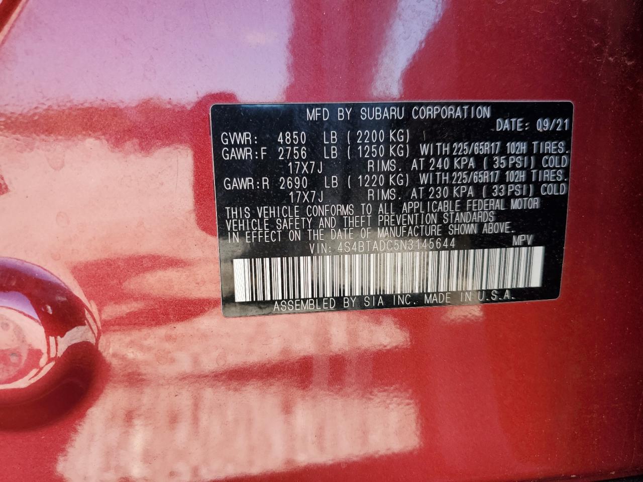 2022 Subaru Outback Premium VIN: 4S4BTADC5N3145644 Lot: 85164925