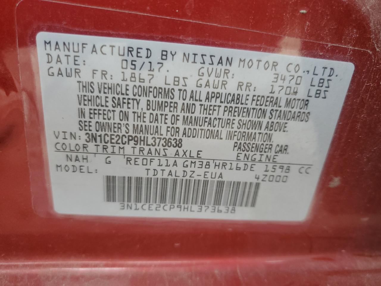 2017 Nissan Versa Note S VIN: 3N1CE2CP9HL373638 Lot: 85358575